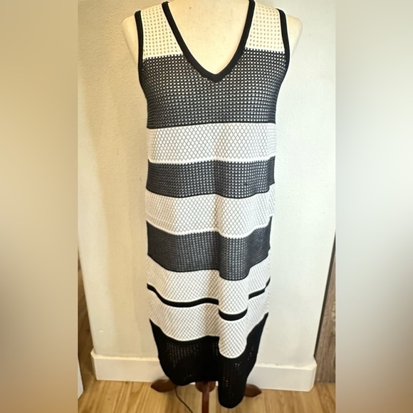 St. John Sport Collection black/white Pointelle Mesh Knit Stripe Dress,small - Picture 2 of 12